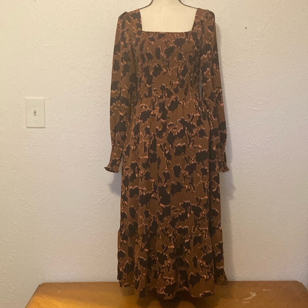Nine West Long Sleeve Squareneck Smocked Dress